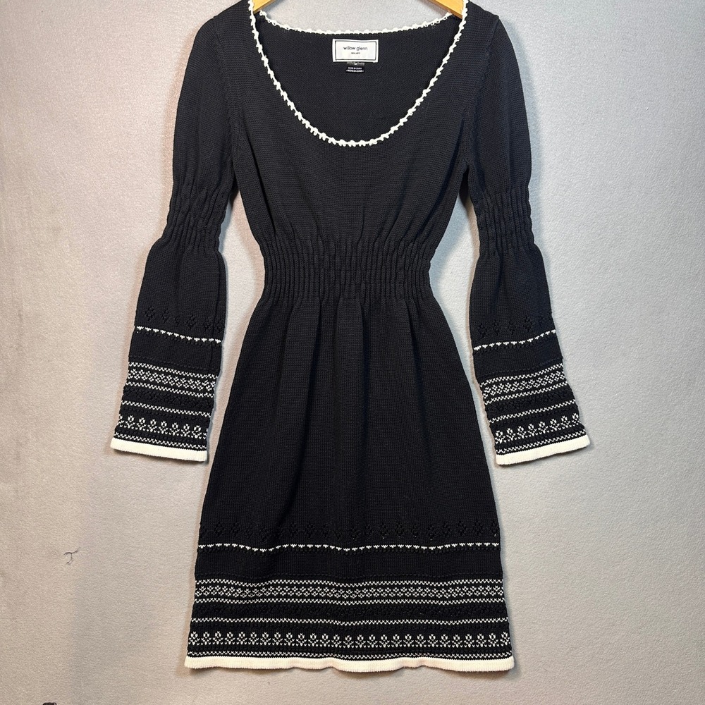 Willow Glenn New York Black Knit Sweater Dress Smocked Waist Bell Sleeve Medium